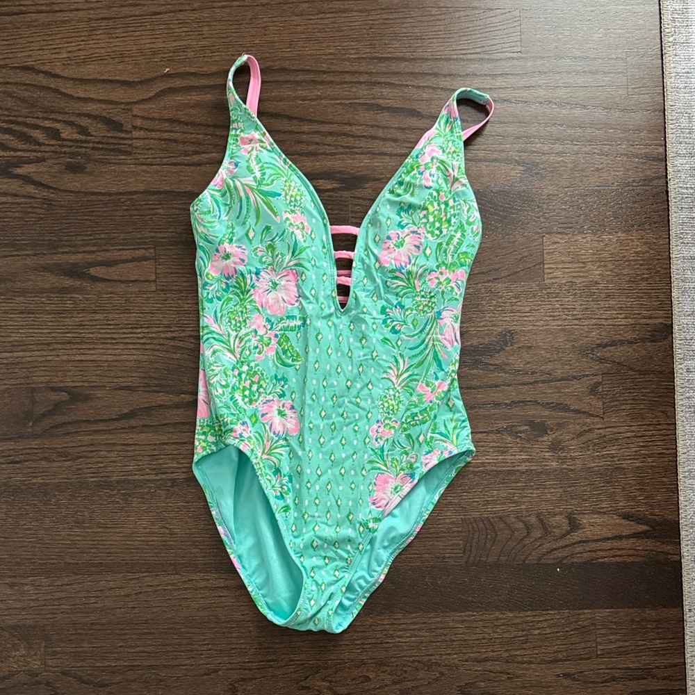Lilly Pulitzer Green and Pink Floral One Piece Swimsuit